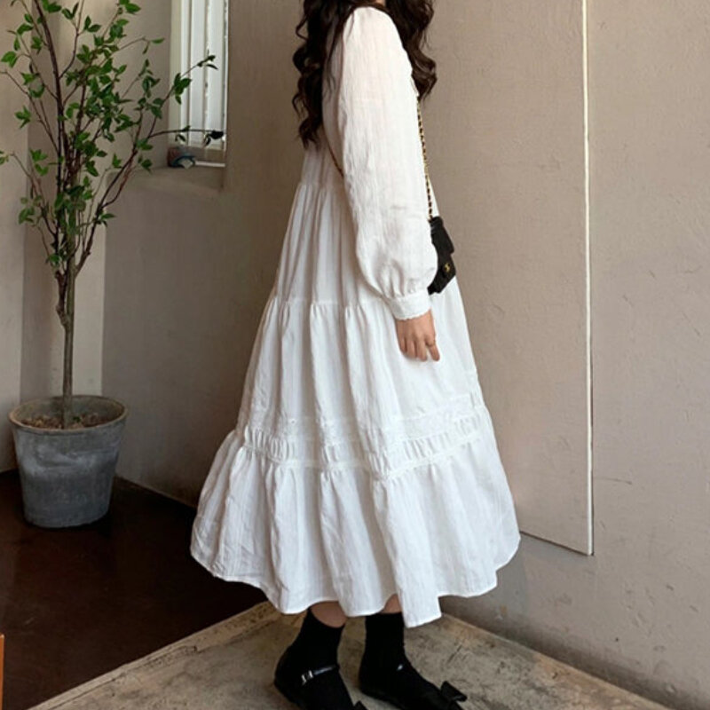 Элегантное женское платье HOUZHOU, милое белое длинное платье с рукавами, винтажное платье-миди со складками, богемное шикарное платье для отпуска
