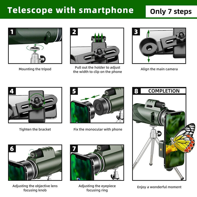 Мощный монокулярный телескоп 80x100 HD, портативный бинокль с большим радиусом действия, телескоп для охоты и кемпинга со штативом и зажимом для телефона