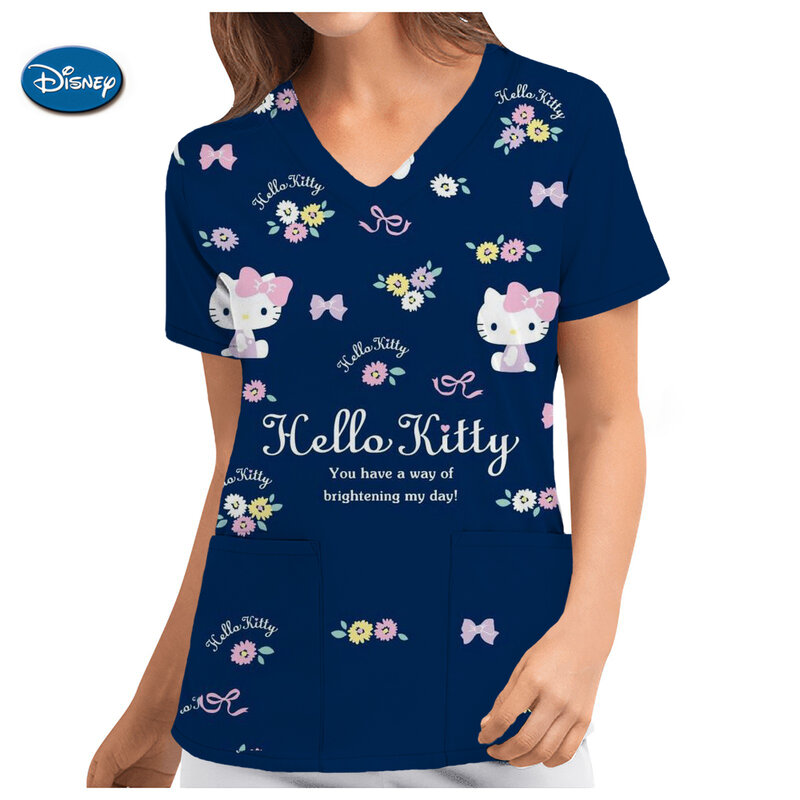 2024 Hello Kitty 3D Print Women Scrubs Top Nursing Uniform Summer Short Sleeve V-neck Tops Female Care Workers Uniforme Hot Sale