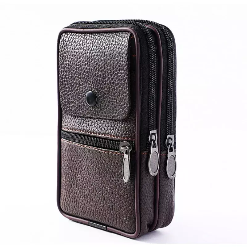The New Vertical Men's Waist Pack Pu Leather Zipper Flip Phone Bag Simple Large Capacity Business Style