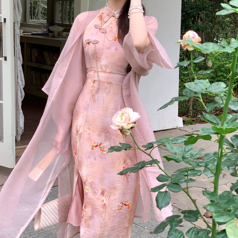 Musim panas wanita tanpa lengan seksi terpisah Qipao elegan cetak bunga gaun Cina tradisional Retro pakaian Oriental Cheongsam