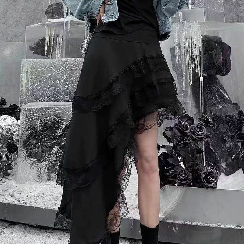Deeptown-Falda Irregular de encaje con volantes para mujer, elegante falda Bohemia blanca de línea A, estilo coreano Vintage Y2K