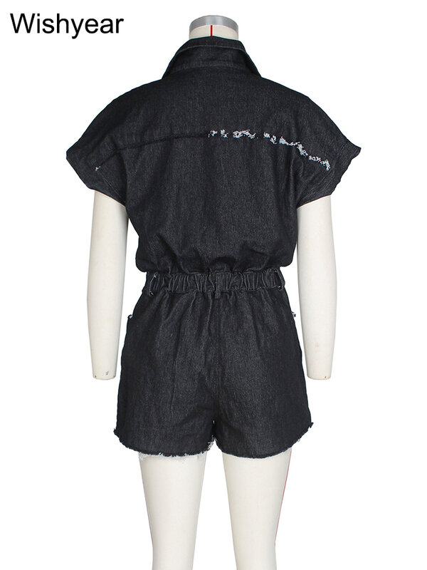 Modne czarne kombinezony dżinsowe ze stretchem damskie spodenki dżinsowe kombinezony zapinana smukłe jednoczęściowe kombinezony letnie Streetwear