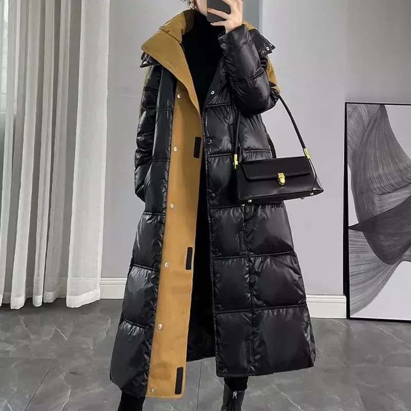 Chaqueta acolchada negra brillante para mujer, Parkas con capucha coreanas para mujer, abrigo de nieve de plumón de pato blanco, ropa de exterior larga gruesa 2023