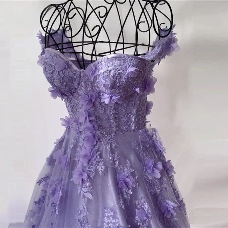 Новинка 2024, фиолетовые тюлевые вечерние платья, изысканные вечерние платья для выпускного вечера с цветочной аппликацией, платья для невесты, вечерние платья для вечеринок