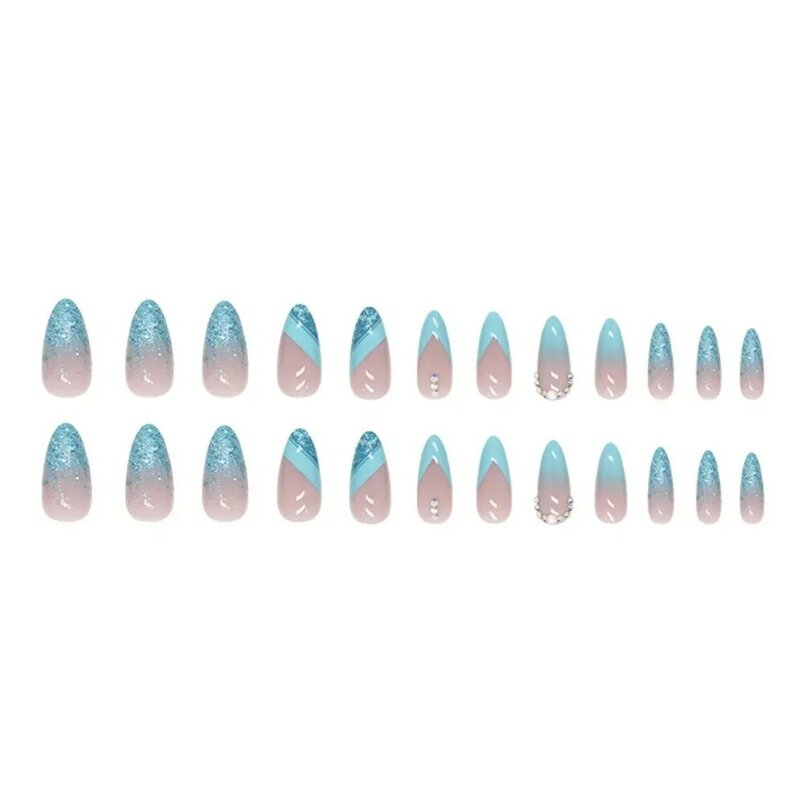24 Stück Mandel Nagel blau Diamant Glitter Nail Art gefälschte Nägel künstliche Acryl vollständige Abdeckung falsche Nagel abnehmbare Presse auf Nägel