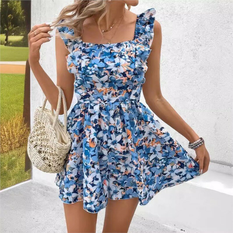 Summer Elegant Sleeveless Square Neck Printed Elastic Waist Back Lace Up Romper Short For Women's Sexy Jumpsuit Body Backless