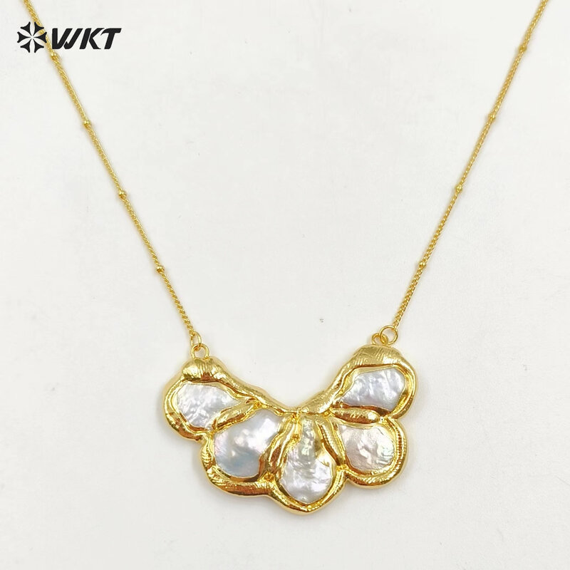 WT-JN268 WKT esclusivo popolare placcato oro reale 18 carati splendida collana con ciondolo da donna in stile corte di perle d'acqua dolce naturale