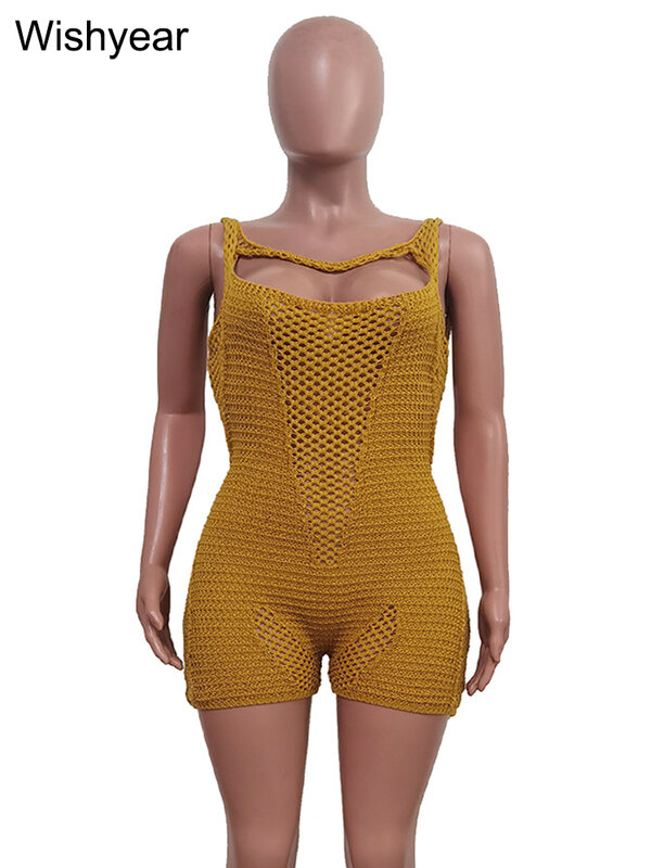 Sexy See Through Hollow Out Knitted Romper Sleeveless Crochet See Through Backless Solid Skinny Summer Beach Playsuits Clubwear