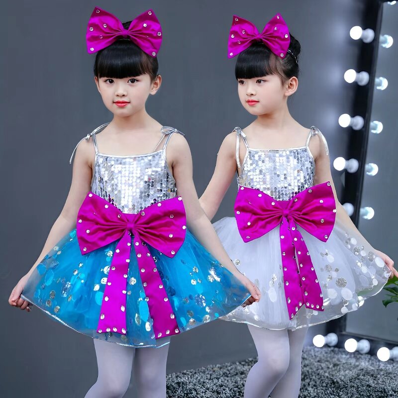 Girls' Children's Day Dresses Sequined Dress Straps Sleeveless Puffy Skirt for Dance Choir Uniform Princess Gown with Headpiece