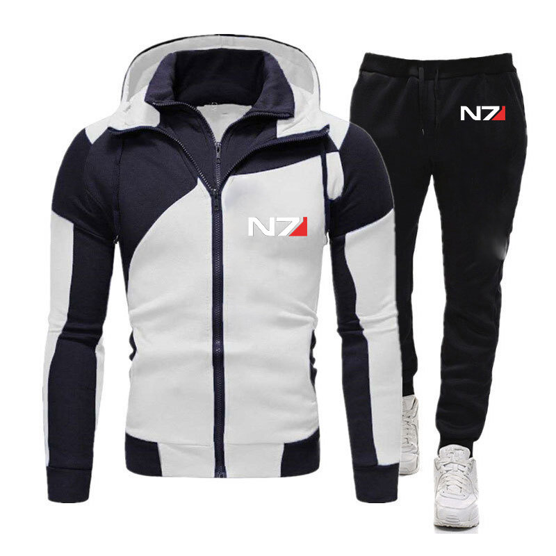 2023 Spring Autumn N7 Mass Effect Logo Print Men's Popular High Quality Multi Zipper Hoodies Patchwork Coat+Casual Sweatpant Set