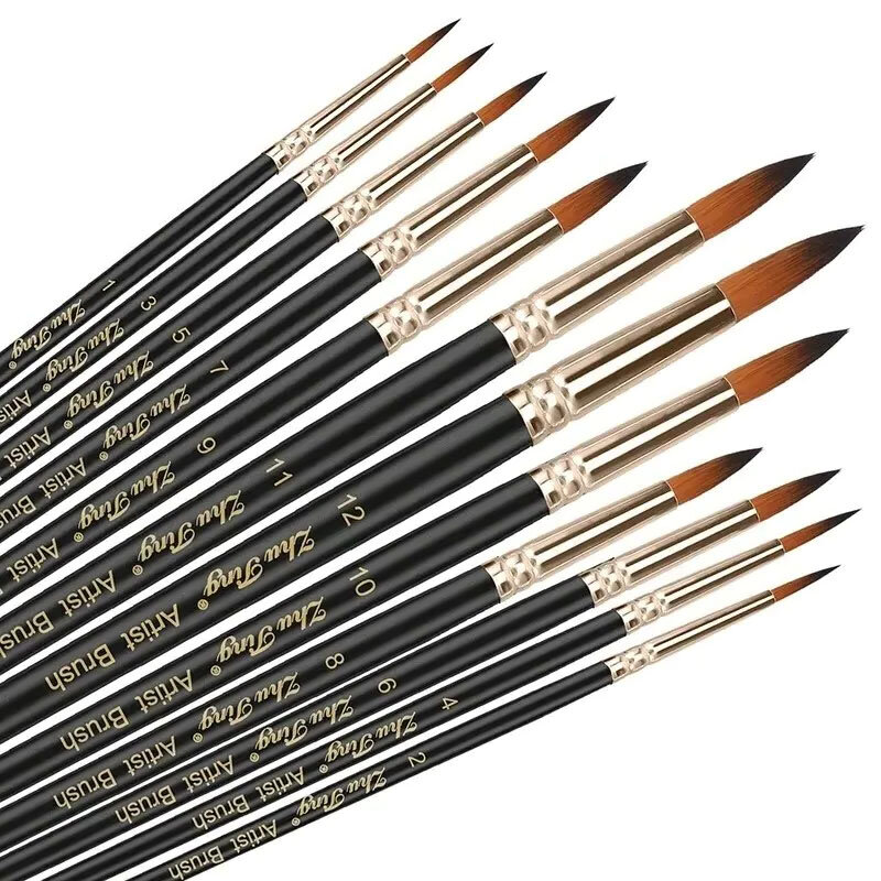 12pcs Professional Watercolor Paint Brushes Set Round Pointed Tip Nylon Hair Artist Acrylic Brush For Acrylic Watercolor Gouache