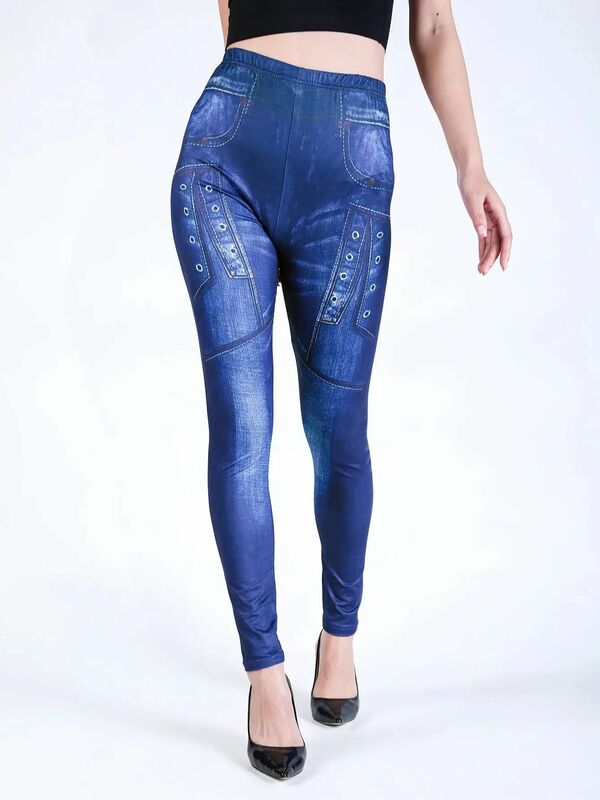 INDJXND niebieskie szczotkowane sztuczne dżinsy Sexy legginsy damskie w stylu Vintage wysoki stan obcisłe bezszwowe spodnie ołówkowe z nadrukiem