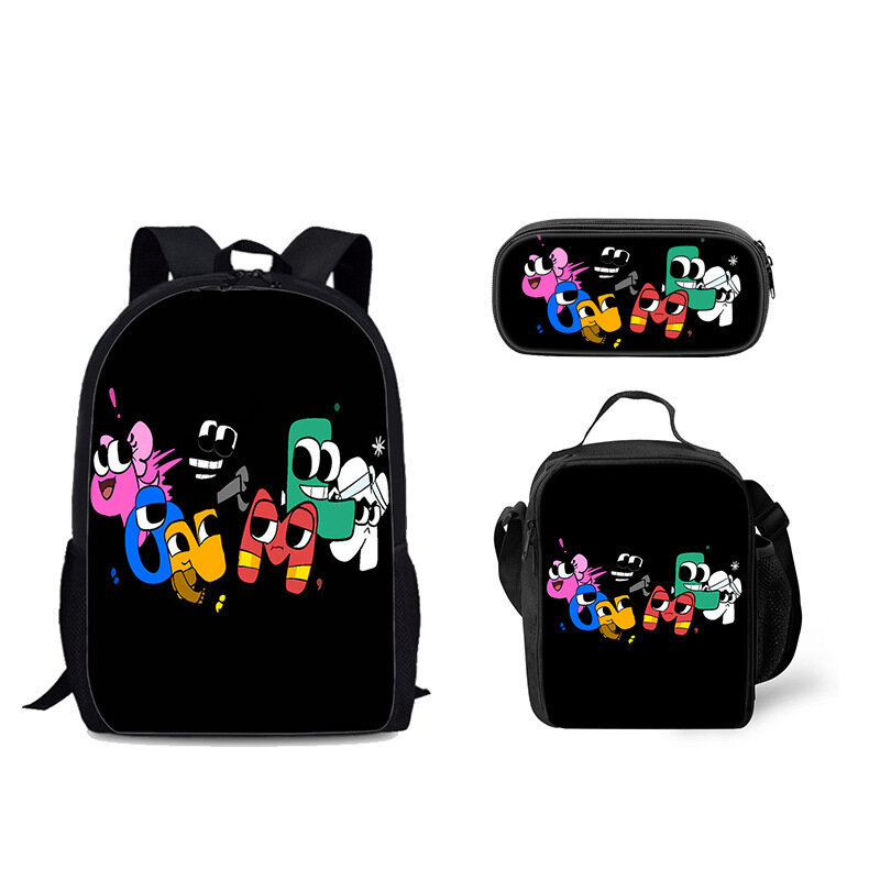 Creative Cartoon Alphabet Print 3Pcs/Set Student School Bag Teen Boys Girls Storage Backpack Laptop Daypack Lunch Bag Pencil Bag