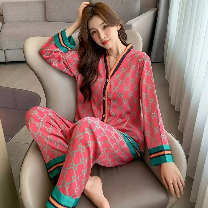 Conjunto de pijama cetim para mulheres, pijamas elegantes, calça de manga comprida, conjuntos femininos, luxuosos e doces