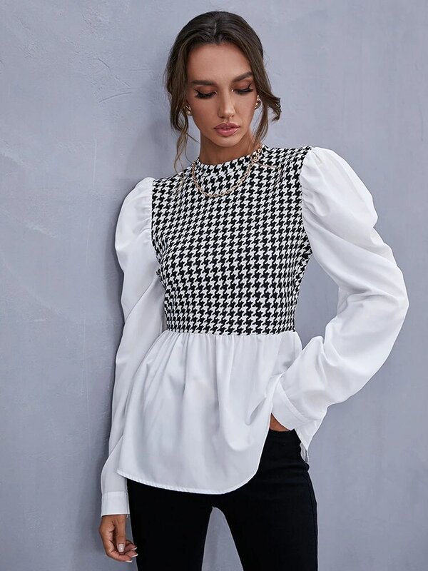Dames Elegant Houndstooth Shirt Mode Ruches Stiksel Pluizige Lange Mouwen Top Casual Chic Dames Blouse Kantoor Witte Shirts