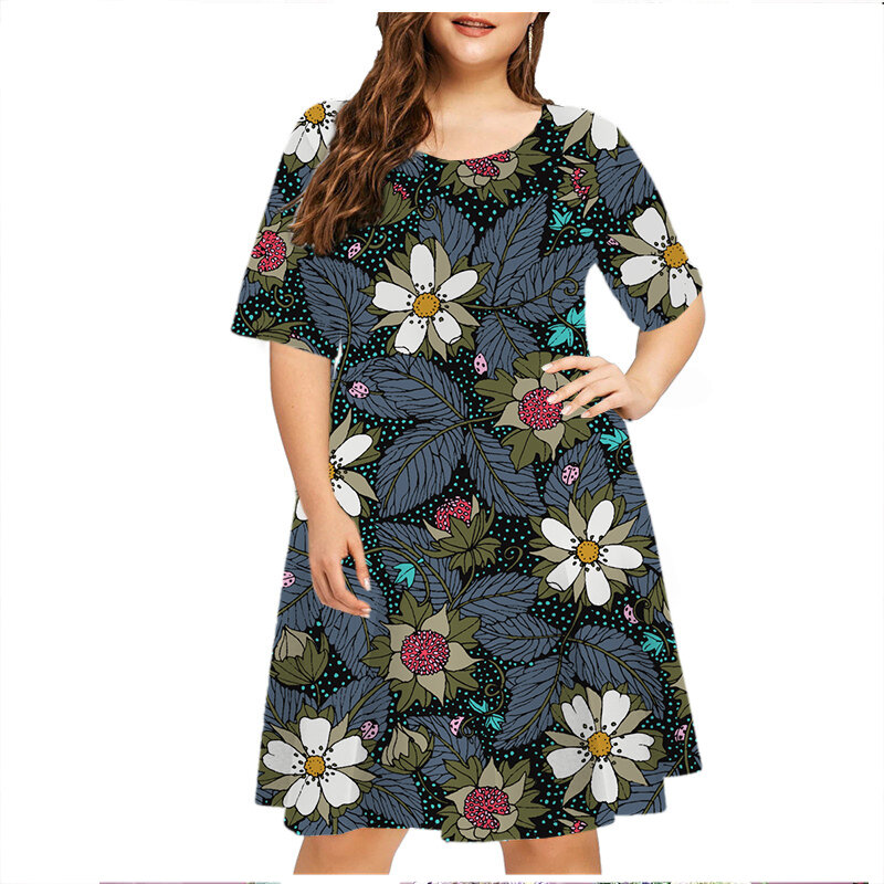 2023 Vintage Tie Dye Flowers Plant Print Dress Mulheres Plus Size Summer Dresses Manga Curta O-Neck Loose Casual Sundress Feminino