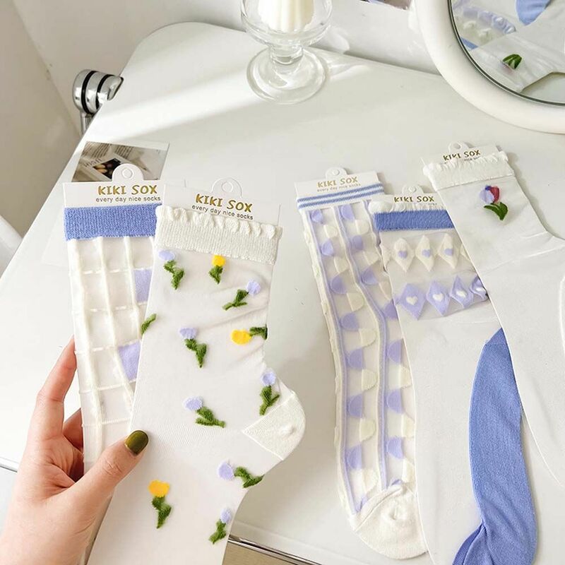 Summer New Fresh Tulip Fairy Floral Socks Korean Retro Flower Transparent Socks Women's Crystal Silk Socks Ultra-thin Tube Socks