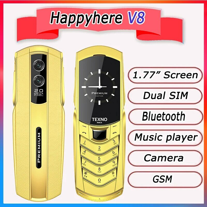 Téléphone portable V8 en métal fait à la main, déverrouillage, façade, bande, touristes, étui en cuir Sim, Bluetooth, radio FM, bouton poussoir, nouveau