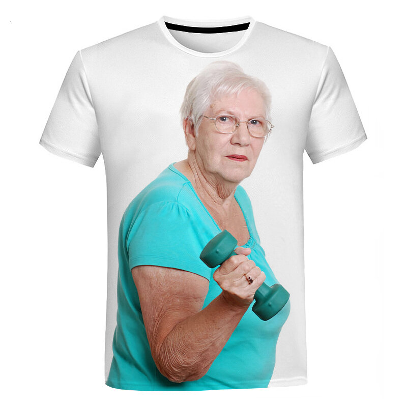 3D printing summer creative large-sized grandma eating ice cream T-shirt, street round neck men's short sleeved T-shirt