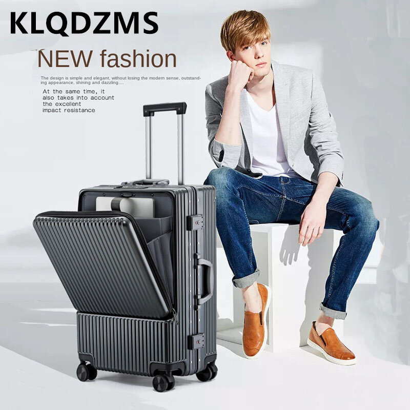 KLQDZMS 20 "22" 24 "26 Cal walizka otwór z przodu aluminiowa rama torba na pokład interfejs ładowania USB pokrowiec na wózek walizki