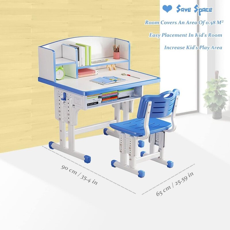 Adjustable Height Kids Table and Chair Set Ergonomic Design Children's Desk Blue With Large Storage Drawer and Bookshelf