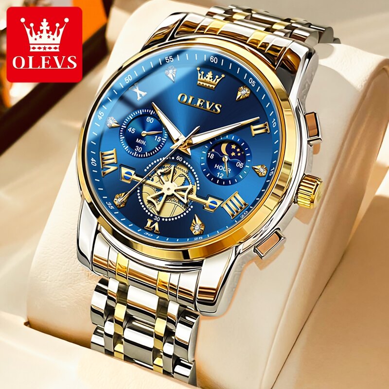 Olevs Merk Luxe Tourbillon Quartz Horloges Voor Mannen Roestvrij Staal Waterdichte Lichtgevende Mode 24 Uur Maanfase Horloges Mannen