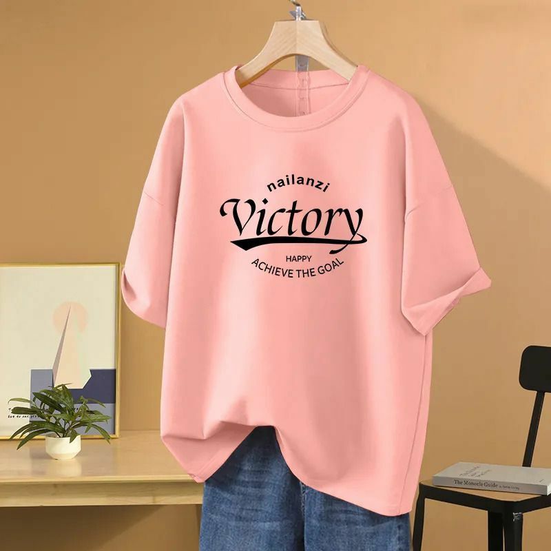 Camiseta de algodón puro para mujer, Tops sueltos con estampado de letras de manga corta, cuello redondo cómodo, jersey básico informal de verano