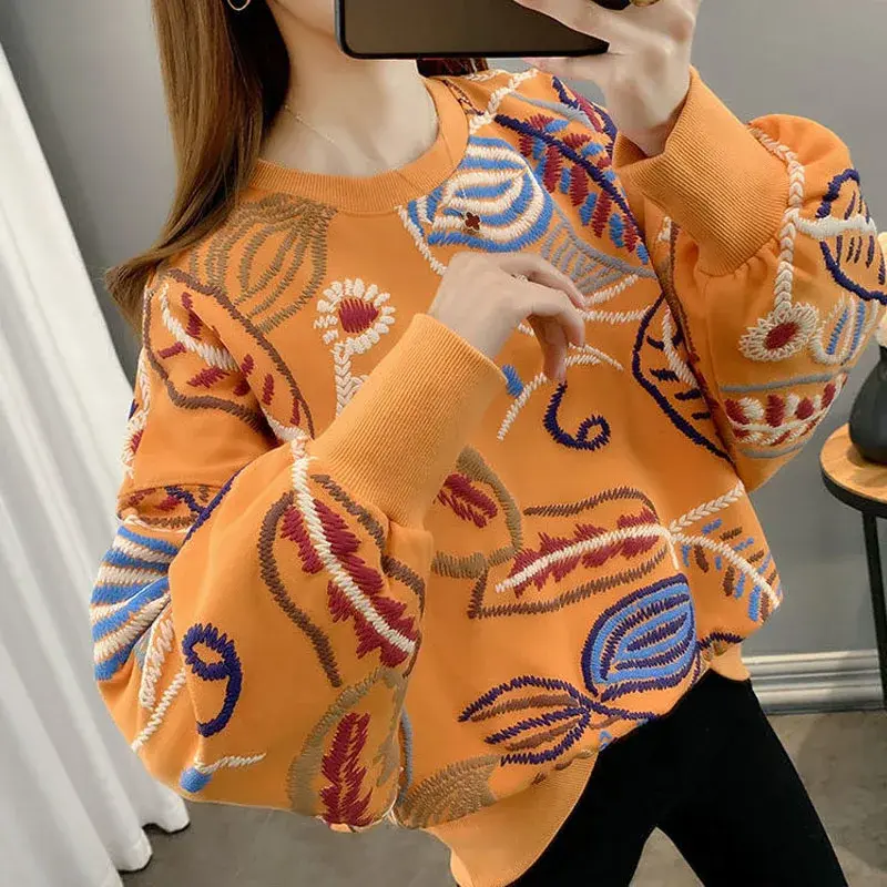 Women's Fashion Casual Printed Round Neck Sweatshirts Autumn Korean All-match Long Sleeve Thin Pullovers Female Clothing Z749