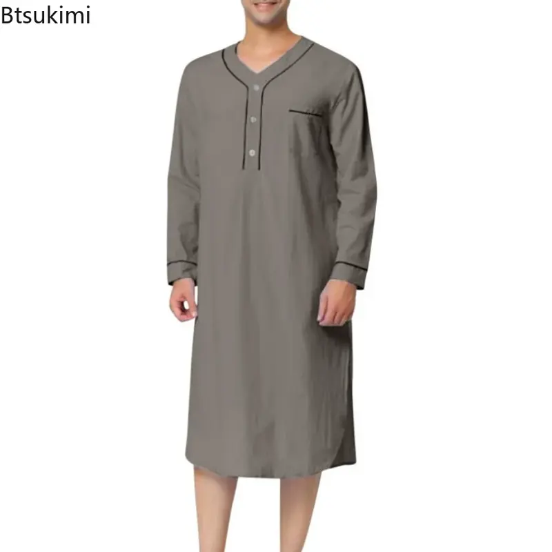 New 2024 Men Jubba Thobe Solid Color Pajamas Fashion Solid Loose Muslim Robe Long-sleeved Nightgown Bathrobes Mens Muslim Kaftan