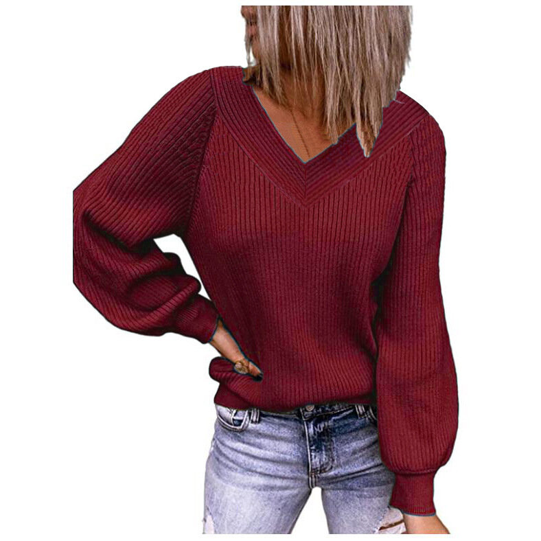Jesienno-zimowy sweter z dekoltem w serek w dużych rozmiarach, w szerokie paski rękawy typu lampion luźny, dzianinowy sweter w jednolitym kolorowy pulower