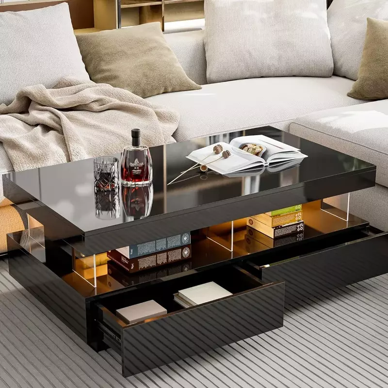 Coffee Table with Acrylic Design Open Space and 2 Storage Drawers with 16 Colors LED Light for Living Room Bedroom, Coffee Table
