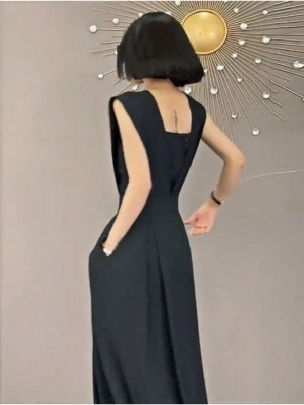 جمبسوت نسائي طويل بلا أكمام ، فستان صيفي أسود فضفاض وعصري ، مظهر نسائي للمكتب ، فستان سهرة بسيط أنيق أحادي اللون ، جديد ،