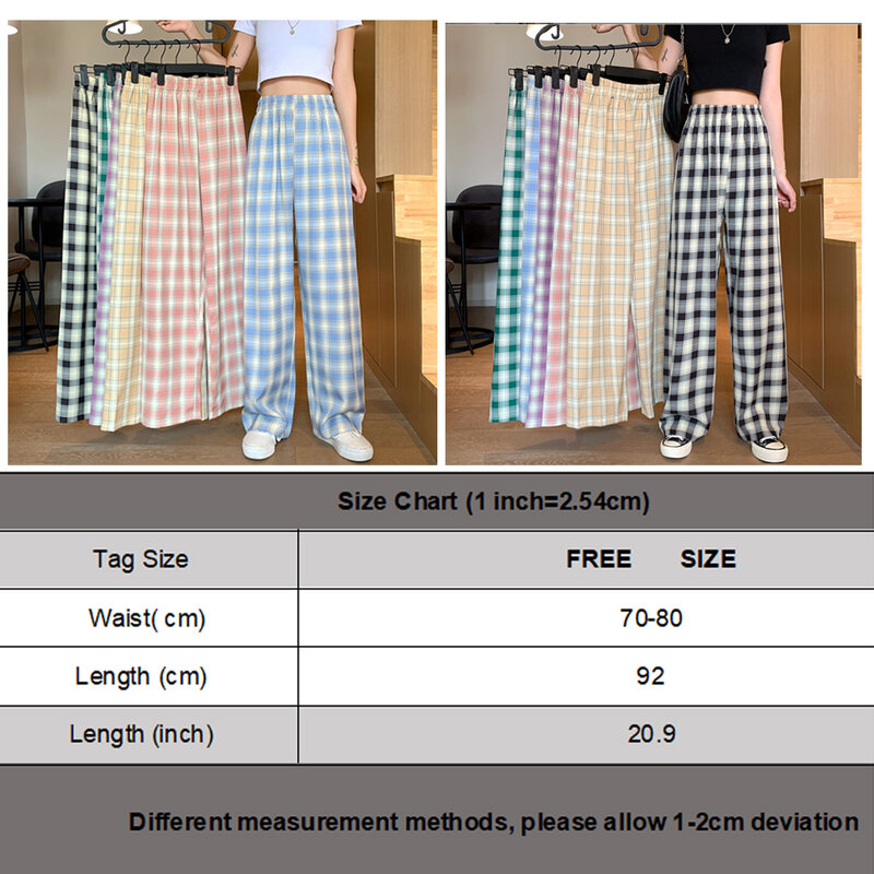 Женские брюки большого размера в стиле Харадзюку, широкие клетчатые брюки с высокой талией в Корейском стиле