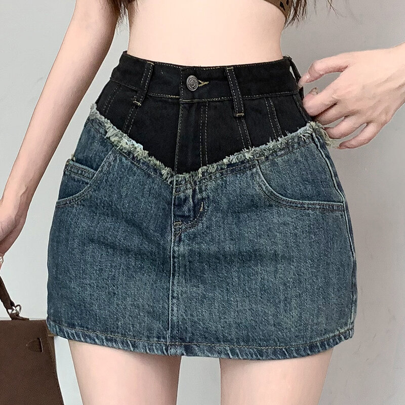 Jeans tambal sulam rok rok Denim Mini sobek gadis rumbai seksi saku rok pinggang tinggi musim panas wanita rok ramping baru 2024