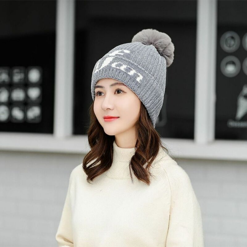 Plush Ball Knitted Hat Elegant Plush Letter Thicken Warm Beanies Cycling Caps Windproof Winter Neckerchief Cap Ski