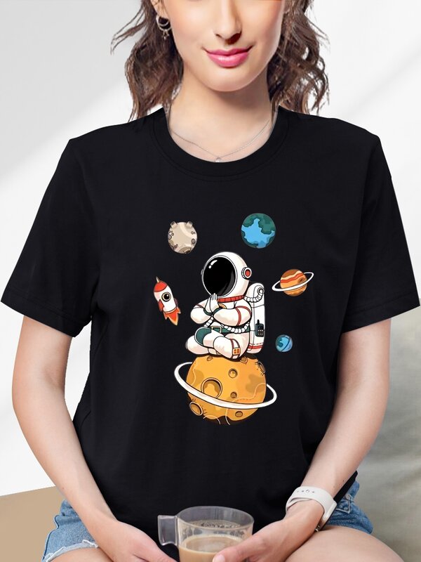 Повседневные топы с коротким рукавом и принтом астронавта, универсальная спортивная футболка с круглым вырезом, женская спортивная одежда