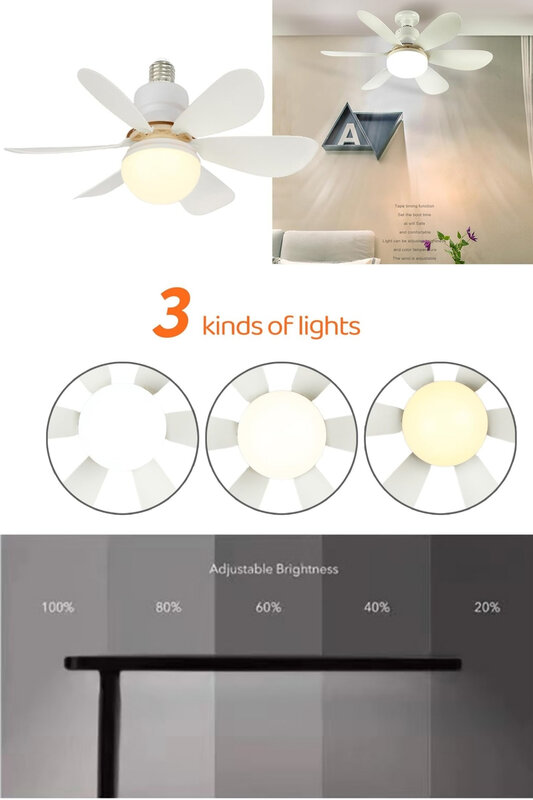 Soquete Fan Lamp com controle remoto sem fio, Lâmpada LED, Ventilador de teto, Substituição para Quarto, Sala de estar, Cozinha, Varanda, E26, E27 Base