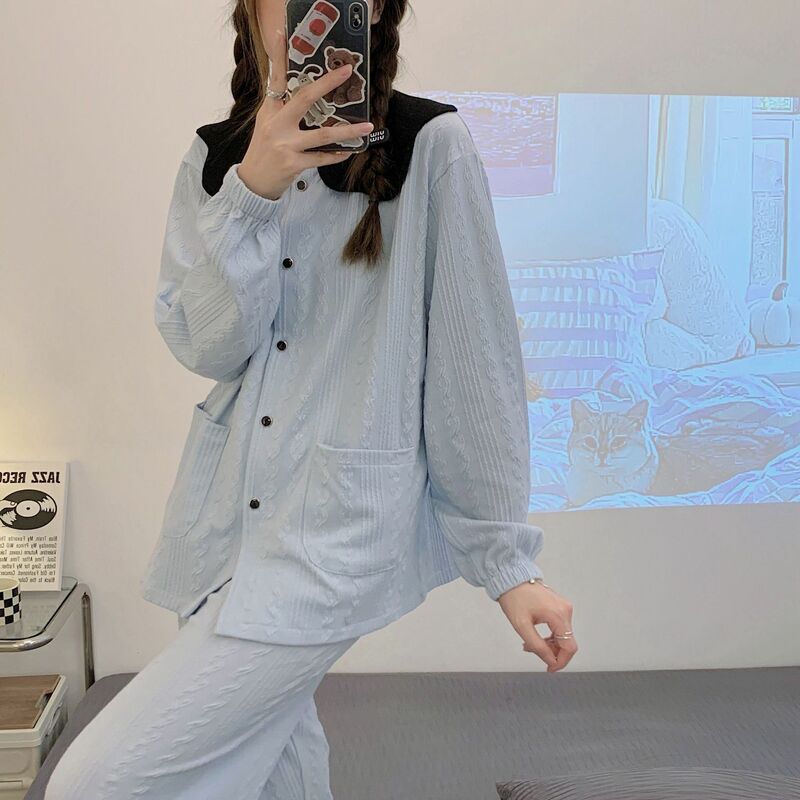 2 peça feminina conjunto de pijama feminino 100% algodão pijamas feminino manga longa camisa de lapela calças terno pijamas homewear