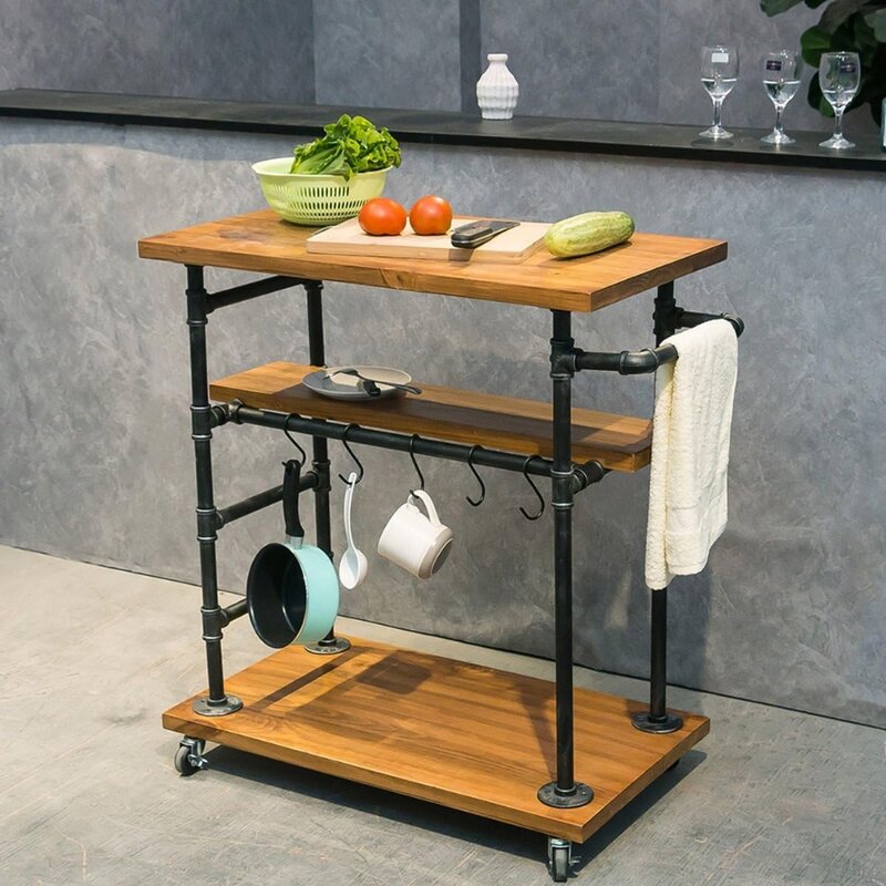 Industrial Portable Kitchen Island on Wheels,Bar Carts for The Home Wine Bar Beverage Coffee Cart,Metal Rolling Kitchen Carts