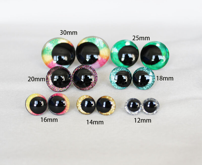 Nuevo diseño de dibujos animados 3D glitter toy ojos de seguridad muñeca pupila ojos con arandela dura-D12, 12mm, 14mm, 16mm, 18mm, 20mm, 25mm, 35mm, 10 pares