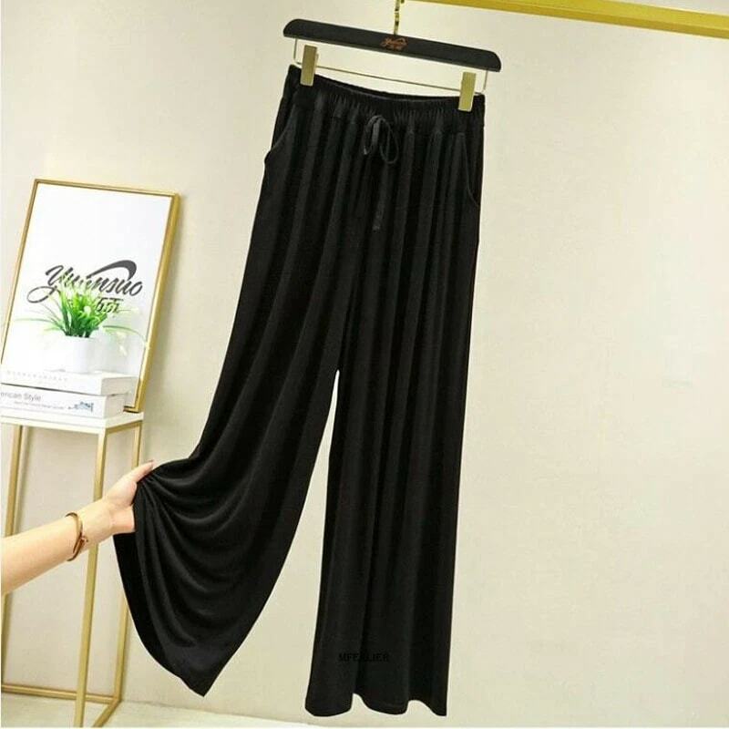 Pantalones de pierna ancha para mujer, pantalón largo y suelto de cintura alta, suave y fino, color negro y gris, talla grande 6XL, 150kg, Verano