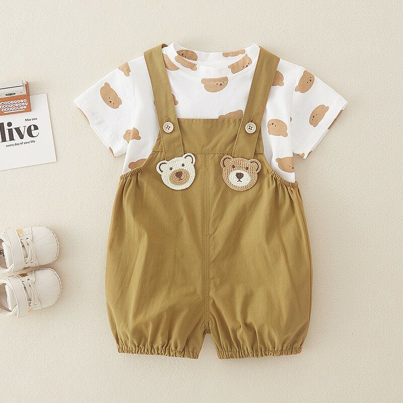 Korean Summer 0-2 Year Newborn Boys 2PCS Clothes Set Muslin Short Sleeve Tops Bear Embroidery Overalls Suit Baby Boys Outfits