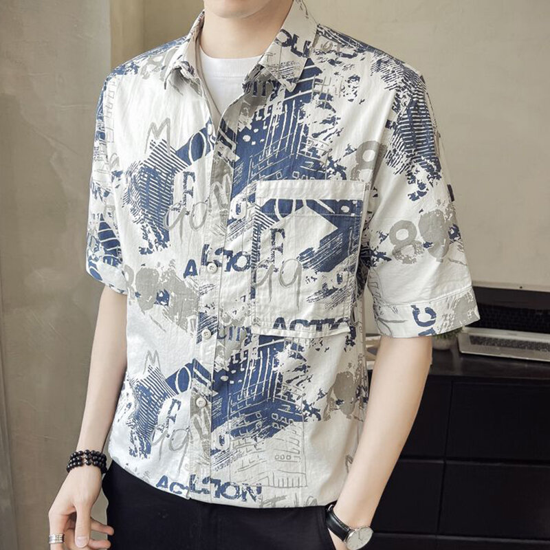 Vintage bedruckte Revers Knopf Taschen All-Match Punk Shirt Herren bekleidung 2024 Sommer neue übergroße koreanische Tops Freizeit hemden