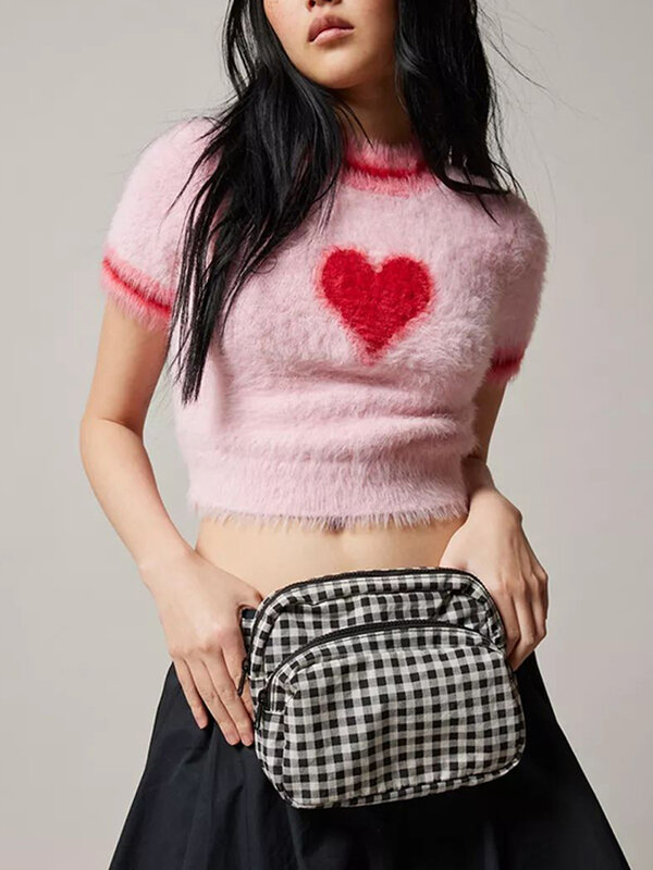 Blusa de felpa para mujer adorable manga corta en forma de corazón Rosa estampado Camiseta corta blusa suave delgada Y2K