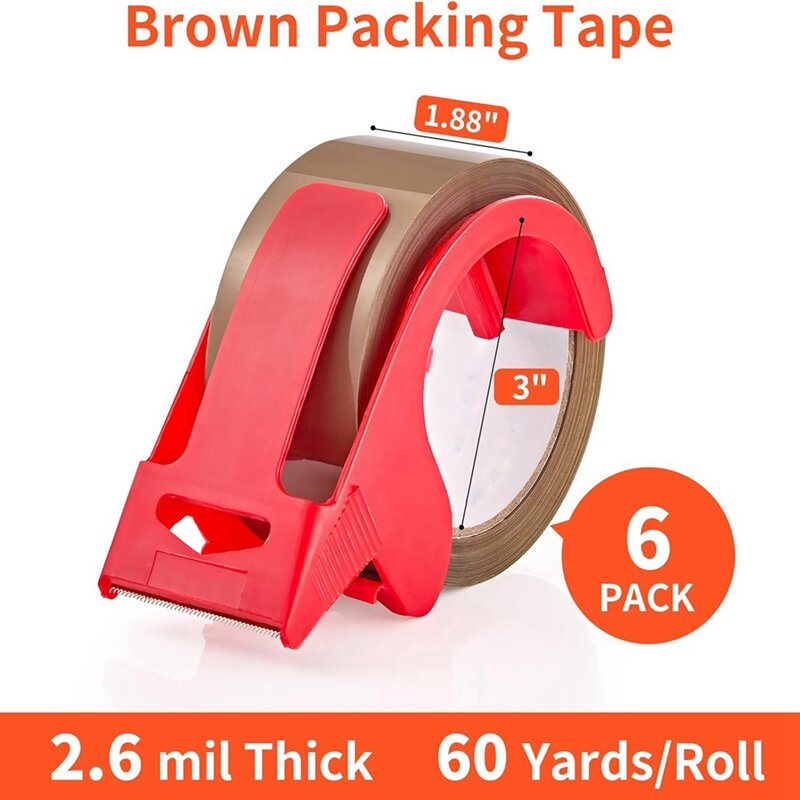 6 rollos de cinta de embalaje marrón con dispensador, 1,88 pulgadas de ancho, 60 yardas por rollo, recargas de cinta de embalaje resistente