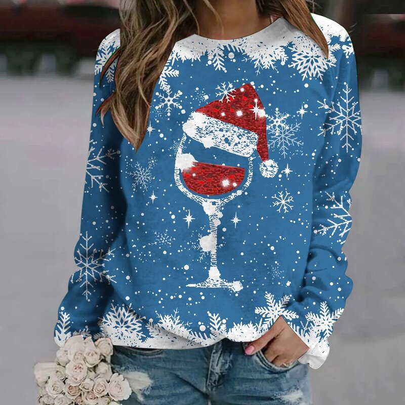 Womens Autumn And Winter Fashion Christmas Wine Cup Print Long Sleeve Round Neck Casual Hatless Sweatshirt Hooded Zippe Jackets