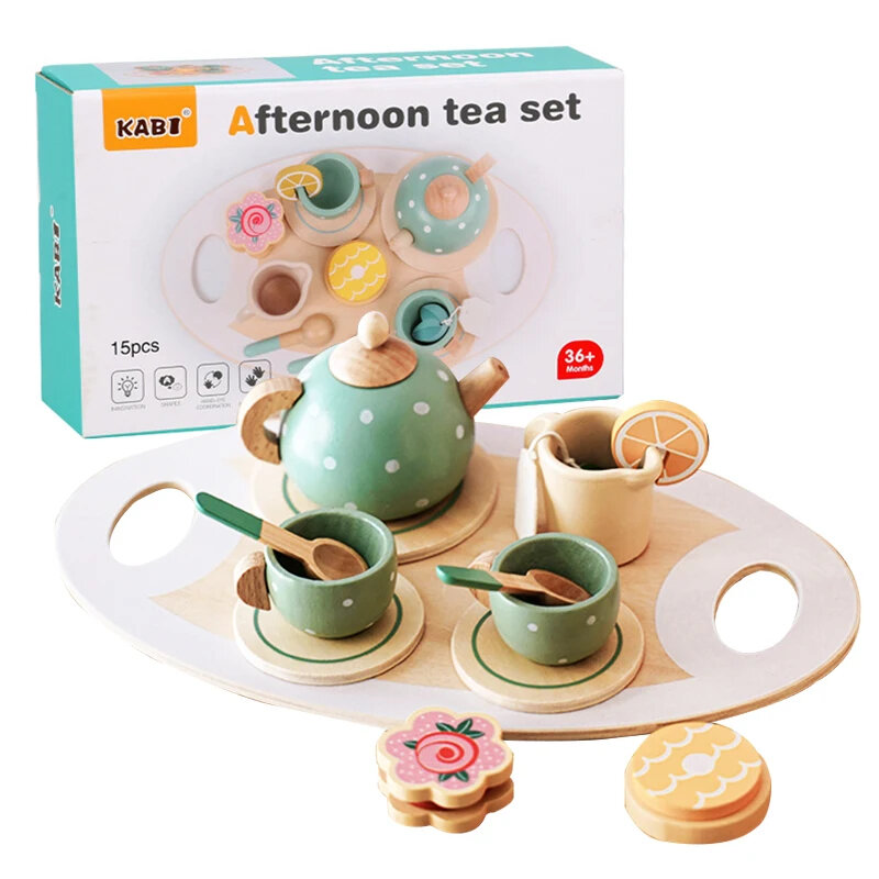 Kids Tea Party Tableware Wooden Handiccraft Toy Kitchen Pretend Play Set for Toddlers Birthday Gift Favors Kitchen Toys Gift