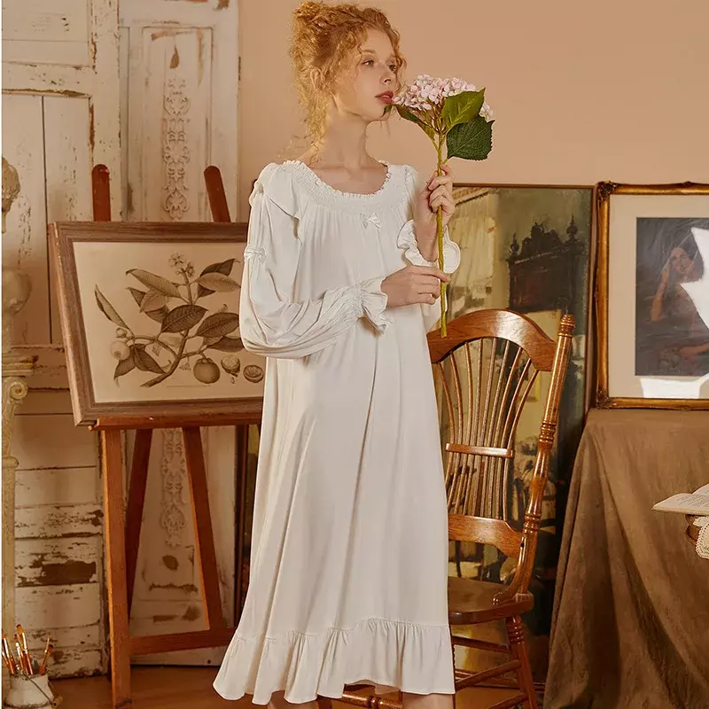 Vintage süße Frauen Nachthemd Frühling Herbst lässig voll Nachthemd weiße Robe lange Nachthemd Fee Prinzessin Nachtwäsche Nachtwäsche