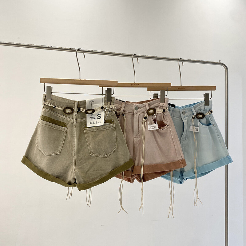 Denim Shorts Women Binding Pockets Lace-up High Waist Summer Streetwear Korean Style A-line Wide Leg Short Designer Dropshipping